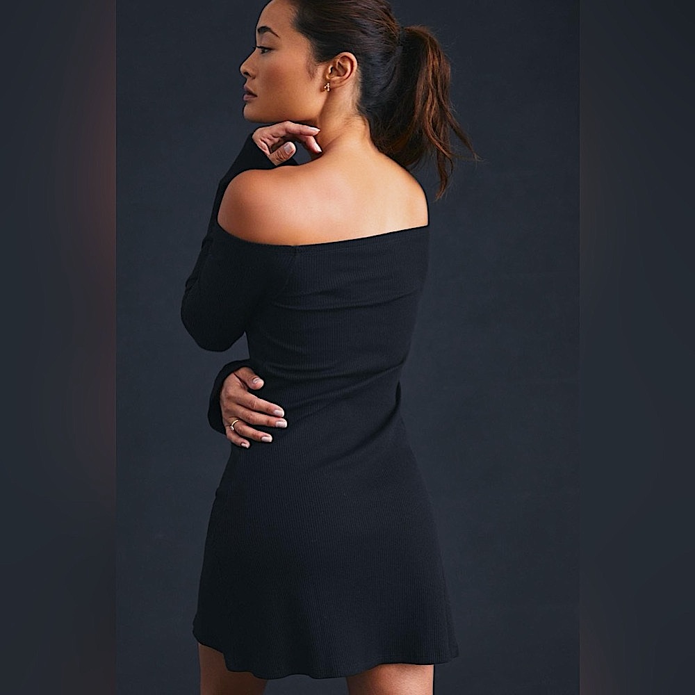 NWT DAILY PRACTICE BY ANTHROPOLOGIE OFF-THE-SHOULDER DRESS Black Mini XXS New